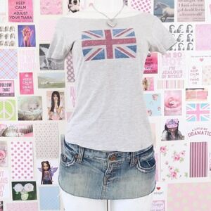 y2k grey union jack off shoulder graphic tee size S/M